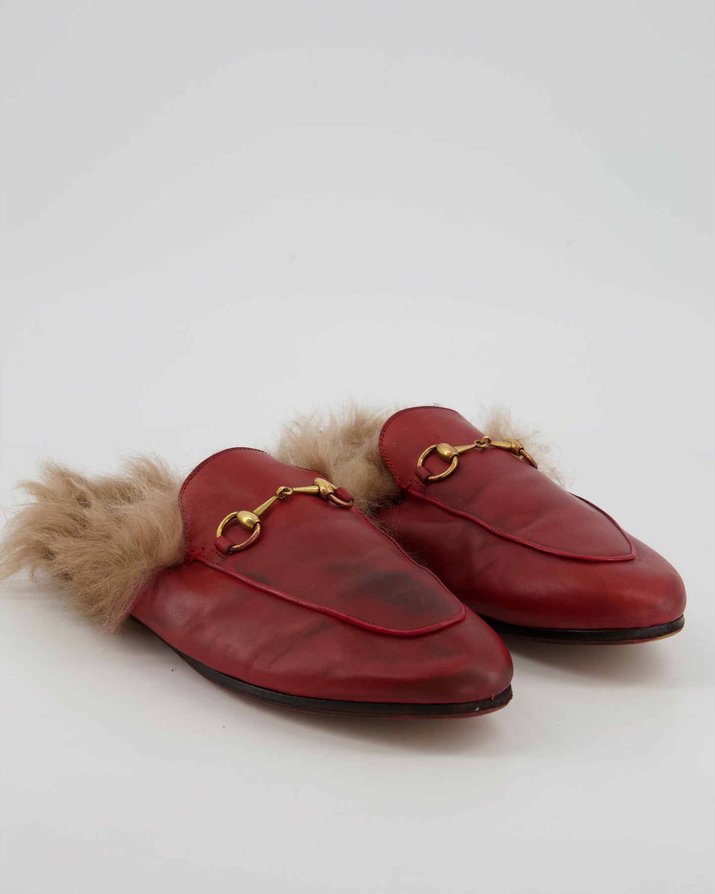 *FIRE PRICE* Gucci Burgundy Princetown Horsebit Shearling-Lined Leather Backless Loafers Size EU 39  815