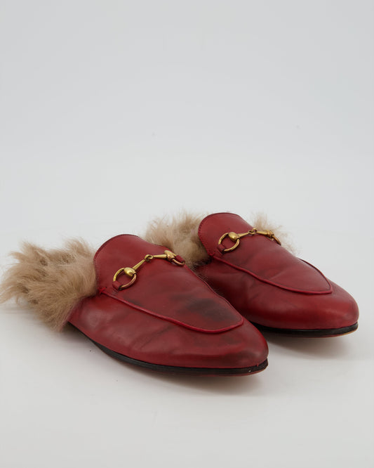 *FIRE PRICE* Gucci Burgundy Princetown Horsebit Shearling-Lined Leather Backless Loafers Size EU 39  815