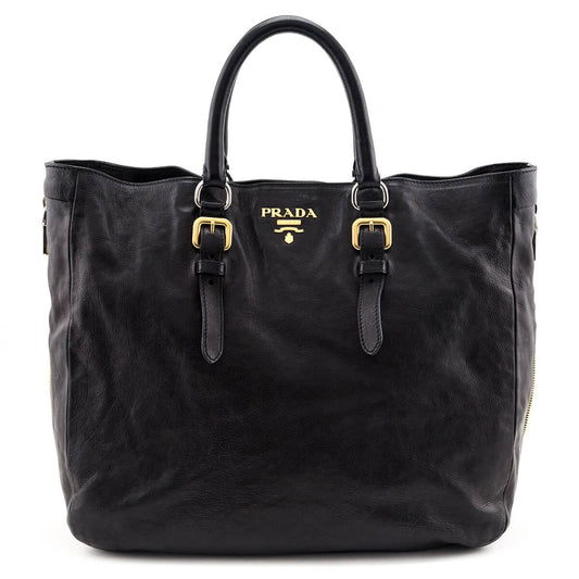 Prada Black Glace Calfskin Zippers Satchel