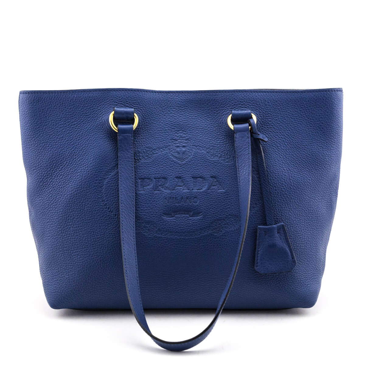 Prada Blue Vitello Daino Logo Tote