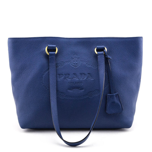 Prada Blue Vitello Daino Logo Tote