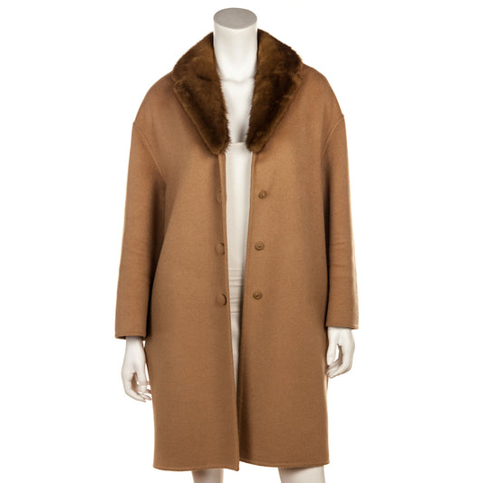 Prada Camel Wool Coat With Mink Collar Size US 8 | IT 44
