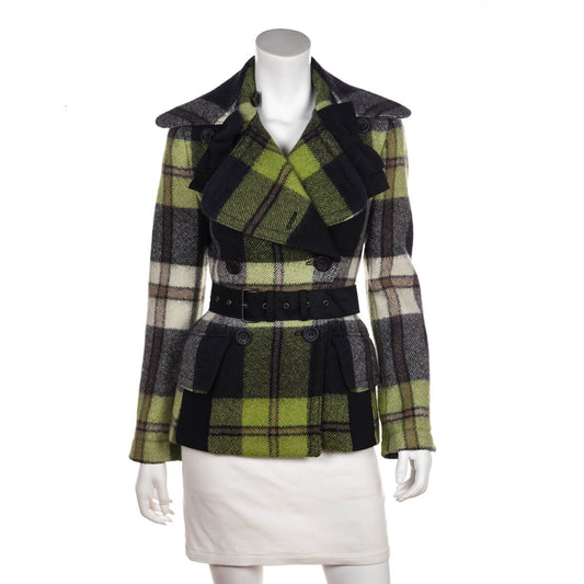 Prada Gray & Green Plaid Wool Belted Jacket Size XS | IT 38