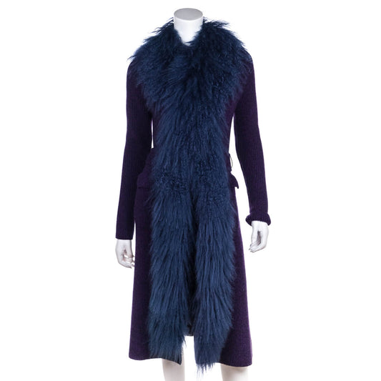 Prada Purple Knit Mongolian Lamb Embellished Belted Cardigan Size XS | IT 38