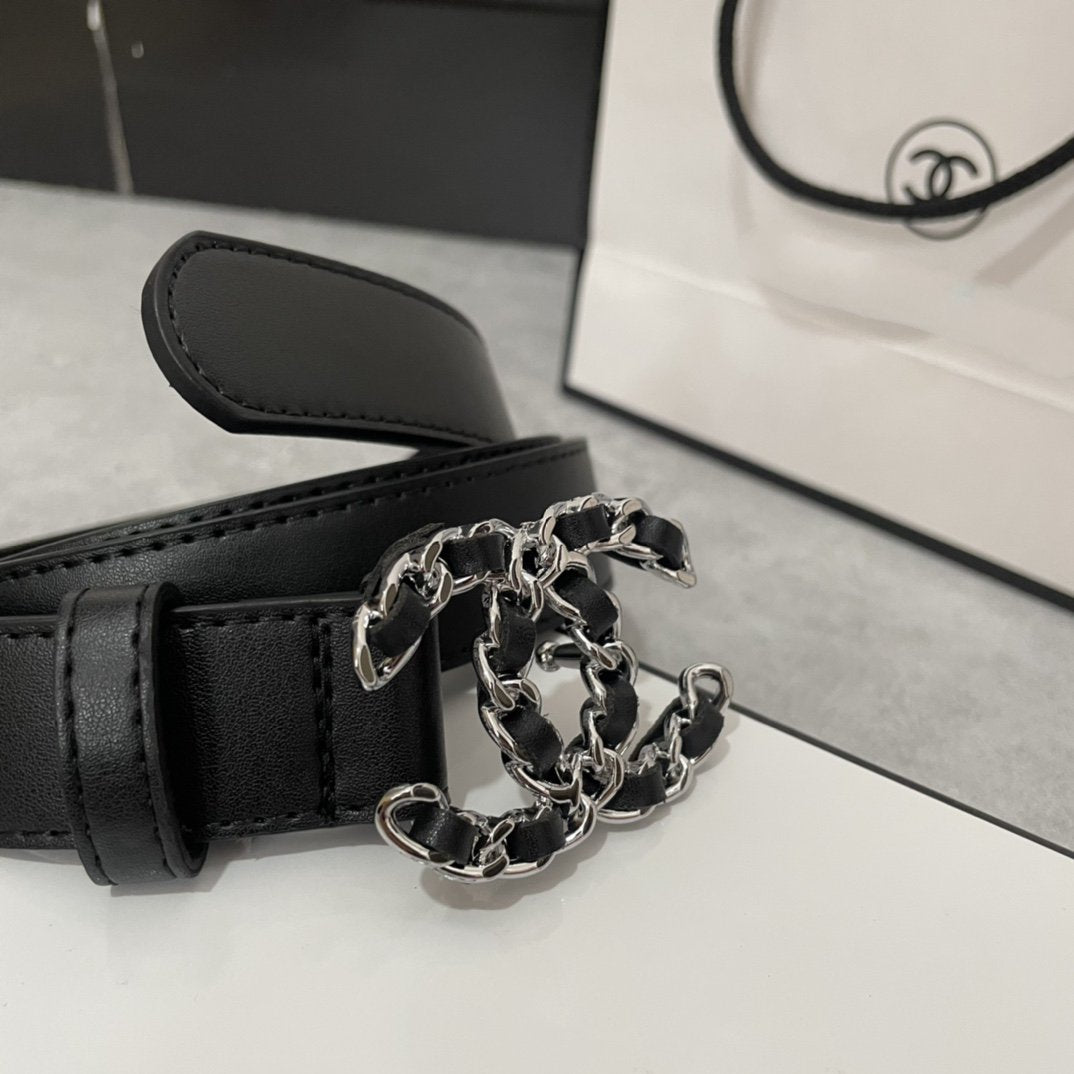CHANEL WOMEN'S BELT 30MM LEATHER BLACK BUCKLE SILVER BLACK
