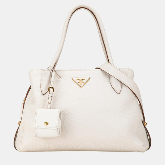Prada White Leather Vitello Daino Satchel