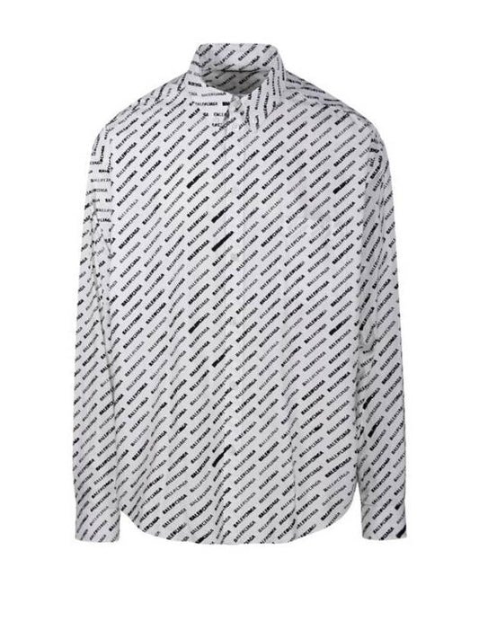 Balenciaga Allover Logo Print Long Sleeve Shirt White Black