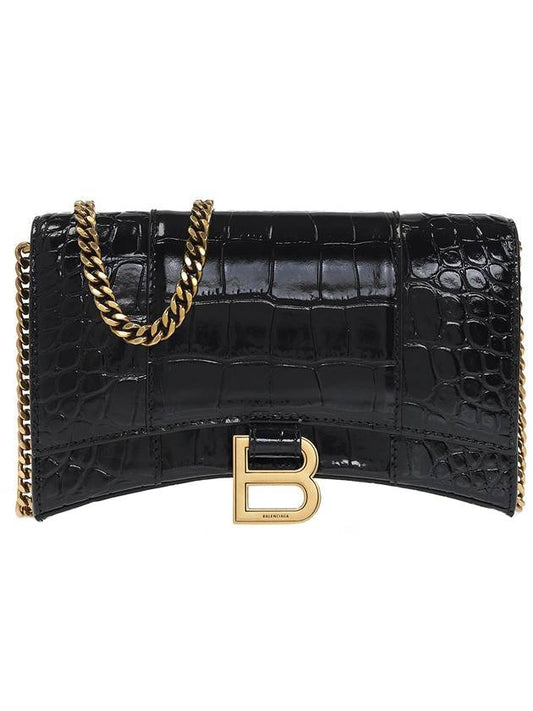 Balenciaga Hourglass Chain Crocodile Embossed Calfskin Medium Wallet Black
