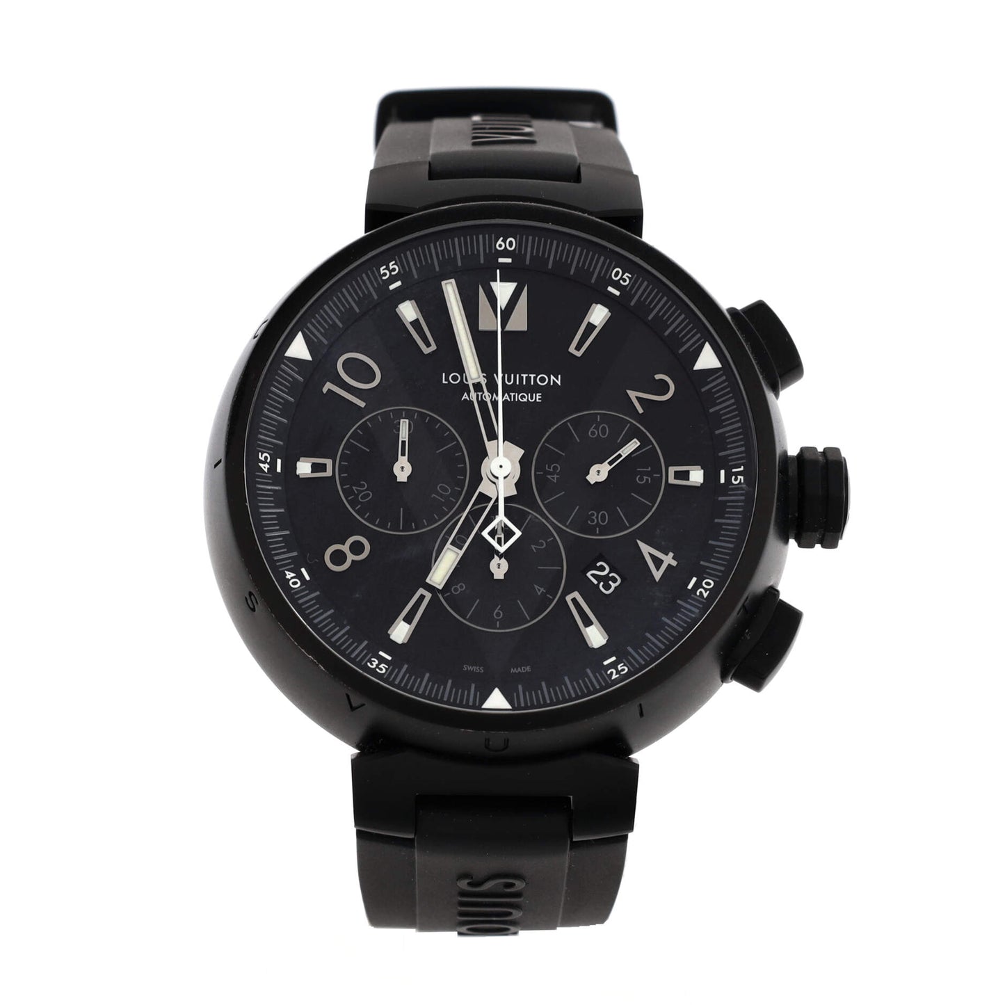 All Black Tambour Chronograph Automatic Watch PVD Stainless Steel and Rubber 46