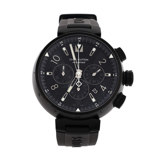 All Black Tambour Chronograph Automatic Watch PVD Stainless Steel and Rubber 46