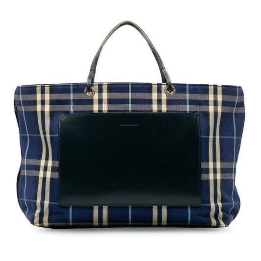 Burberry Nova Check Tote Bag Blue Canvas Leather Ladies