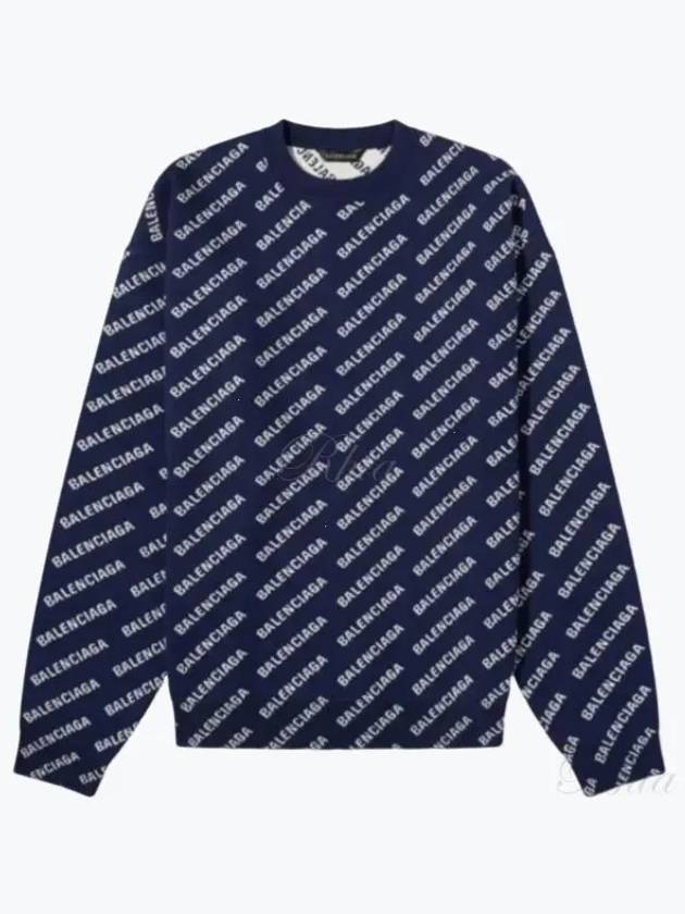 Balenciaga Allover Logo Crew Sweatshirt Navy