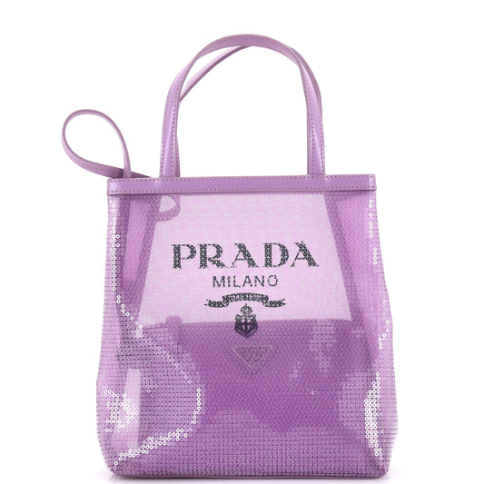 Prada Logo Open Tote Sequined Mesh Small