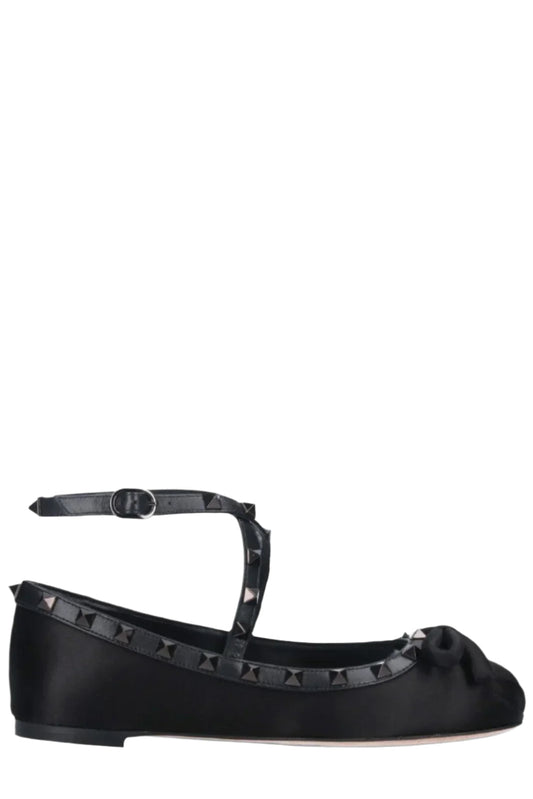 Valentino Garavani Rockstud Bow Detailed Ballerina Shoes Black